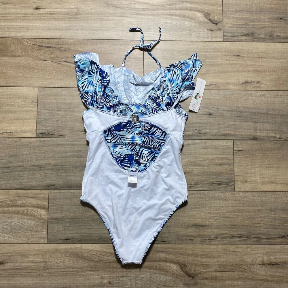 Stylish Swimwear Womens One Piece Floral Ruffle Halter Swimsuit Size‎ L Blue